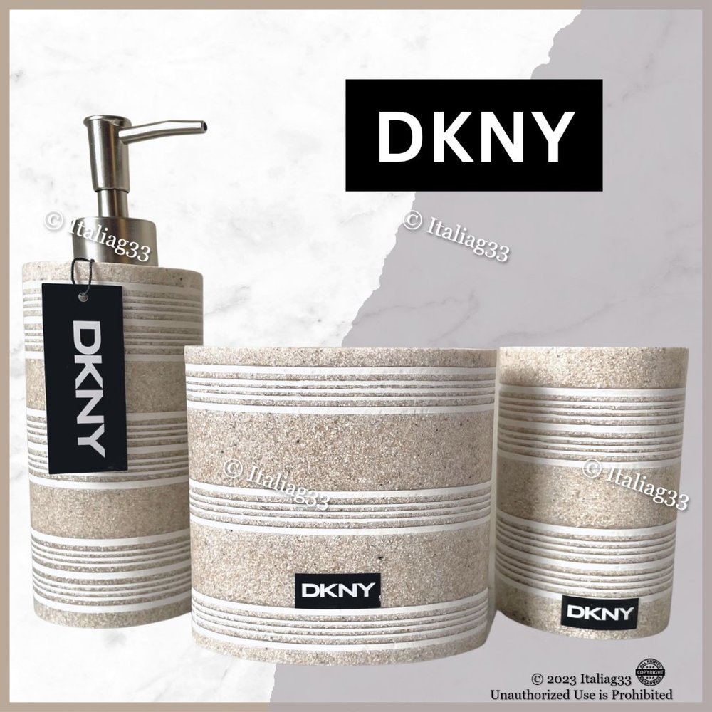 DKNY Soap Pump, Toothbrush Holder, Tumbler Bathroom Accessory 3Pc Set Sand Tan